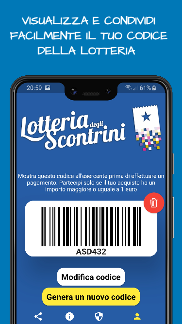 Schermata dell'app: il codice lotteria mostrato come codice a barre, pronto da far scansionare alla cassa
