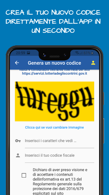 Schermata per generare un nuovo codice con captcha e codice fiscale