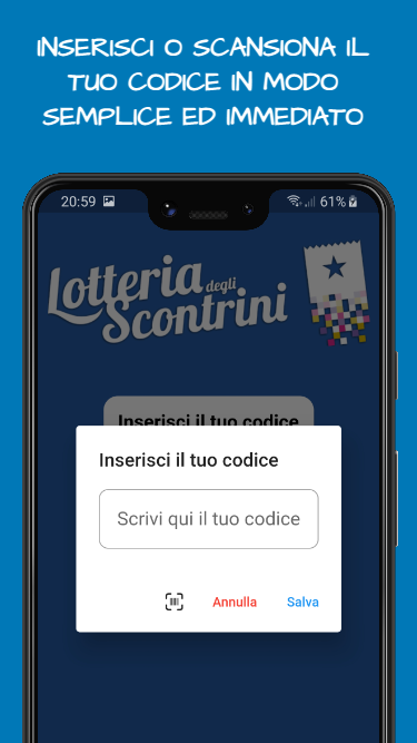 Finestra per inserire o scansionare un codice lotteria esistente